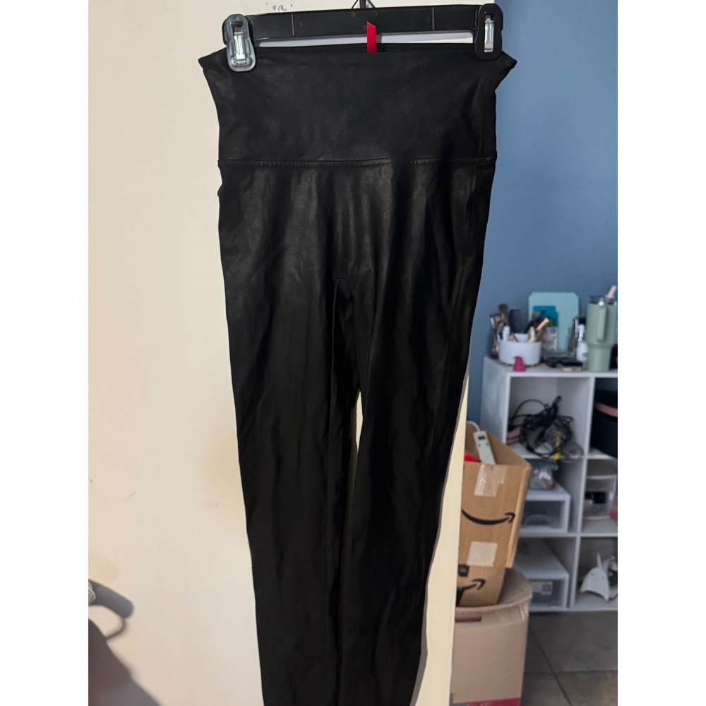Spanx Faux Leather Leggings Very Black Petite Medium High Waist Shaping Leggings